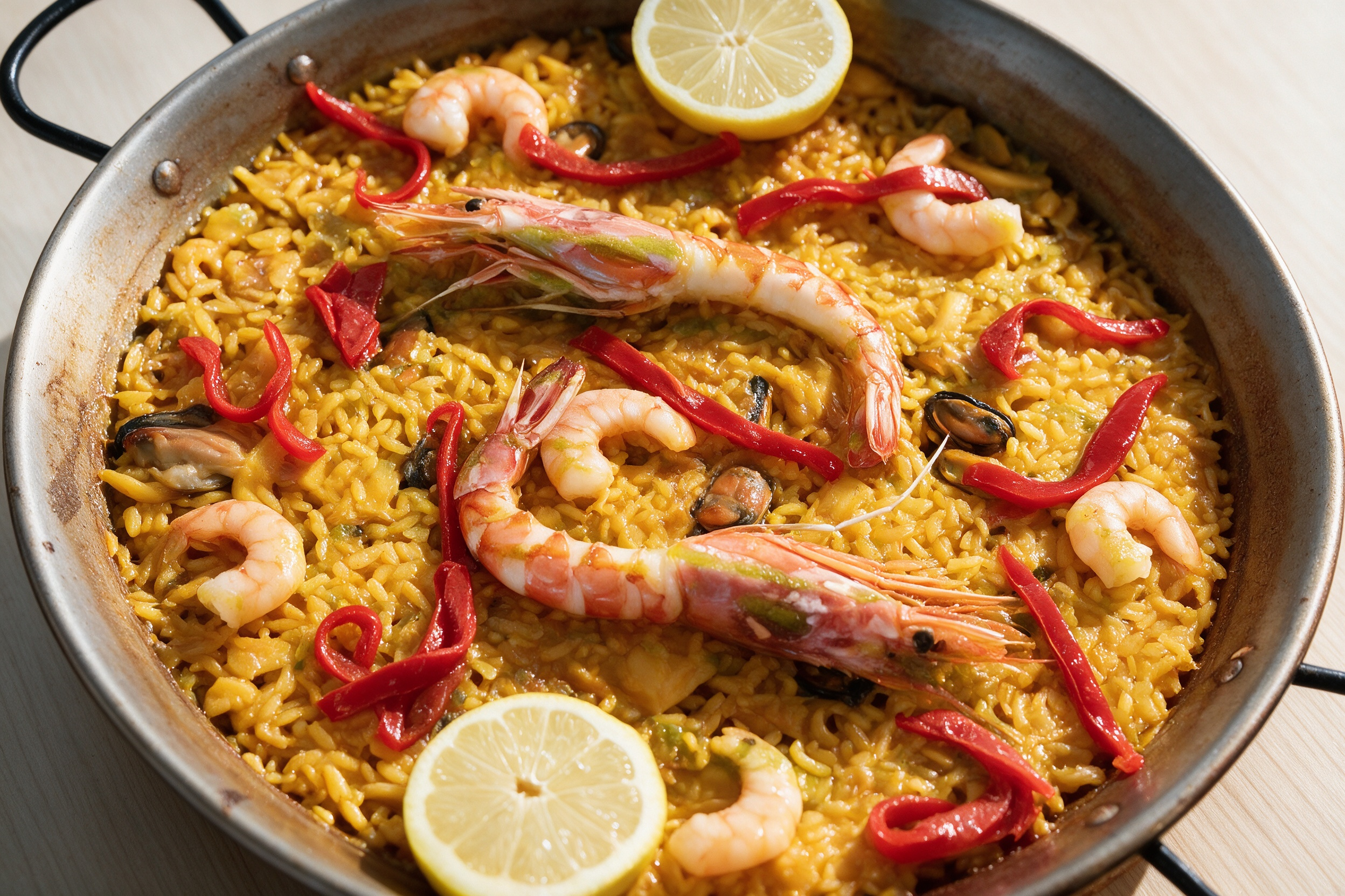 Paella de mariscos en paella de doble asa con gamba entera, mejillones, pimiento rojo y limón