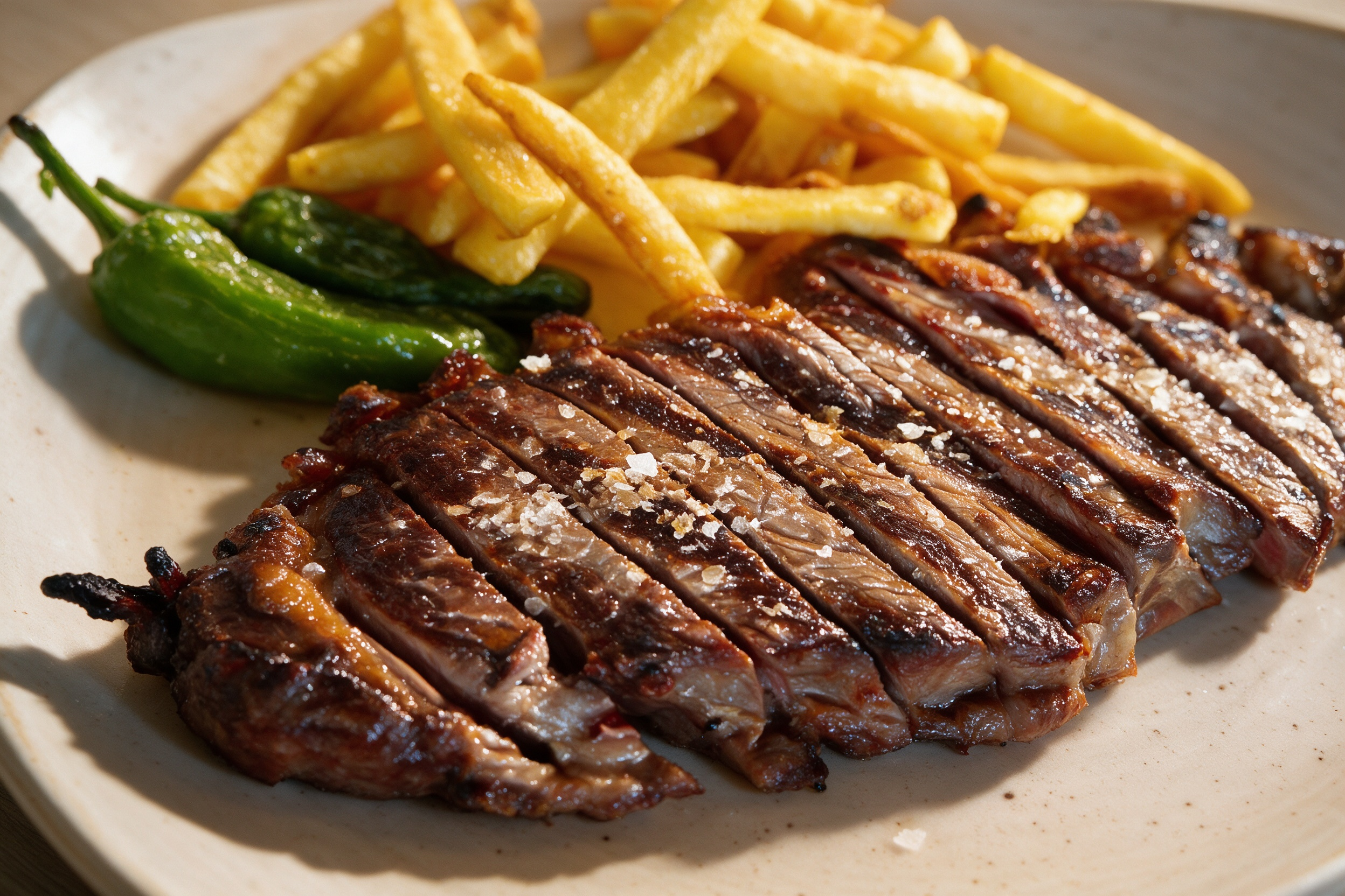 Entrecot de vaca premium con patatas rústicas, pimiento verde y sal en escamas