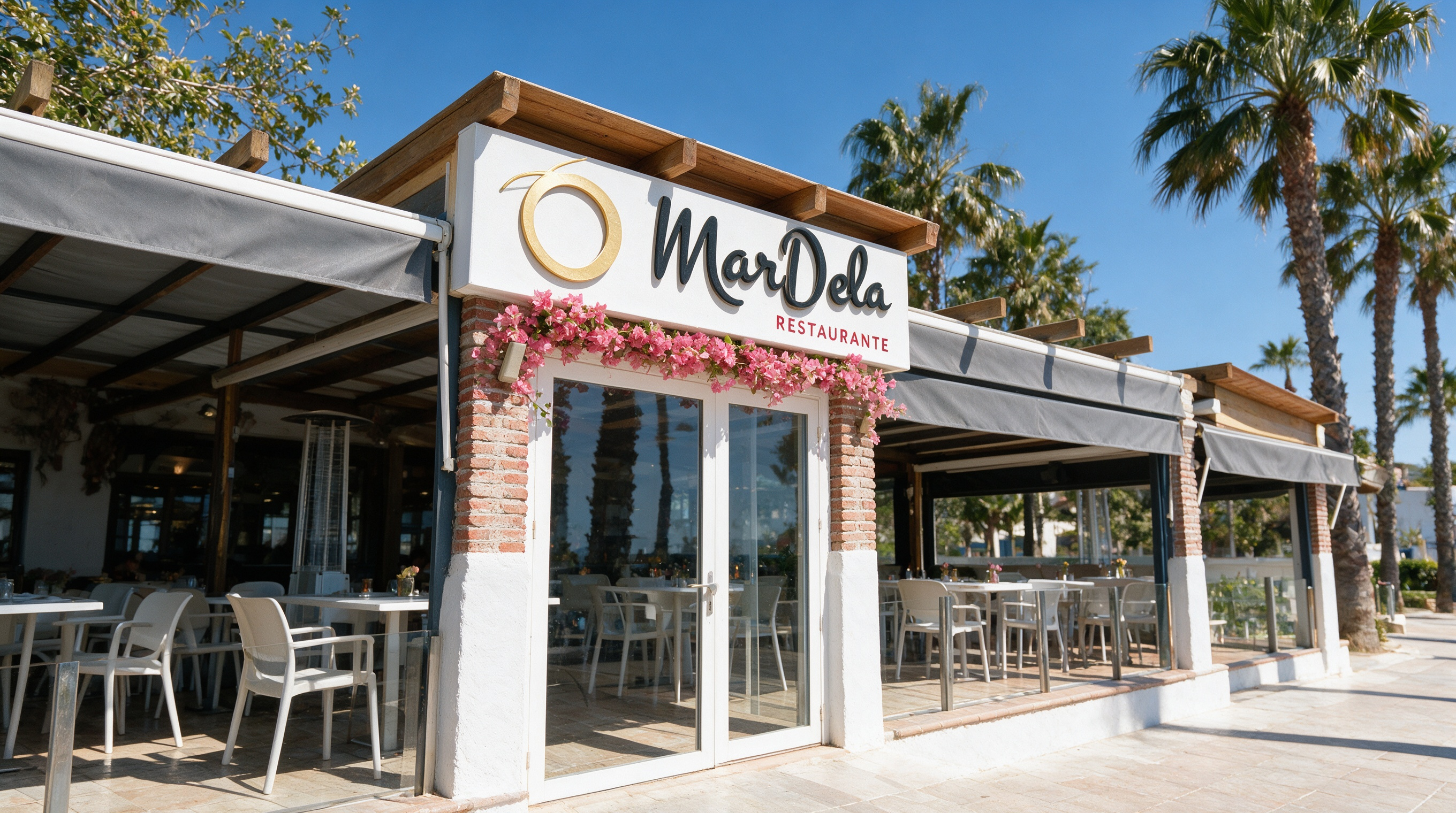 Fachada de MarDela Restaurante en La Herradura con jardín de bougainvillea y vistas al mar Mediterráneo
